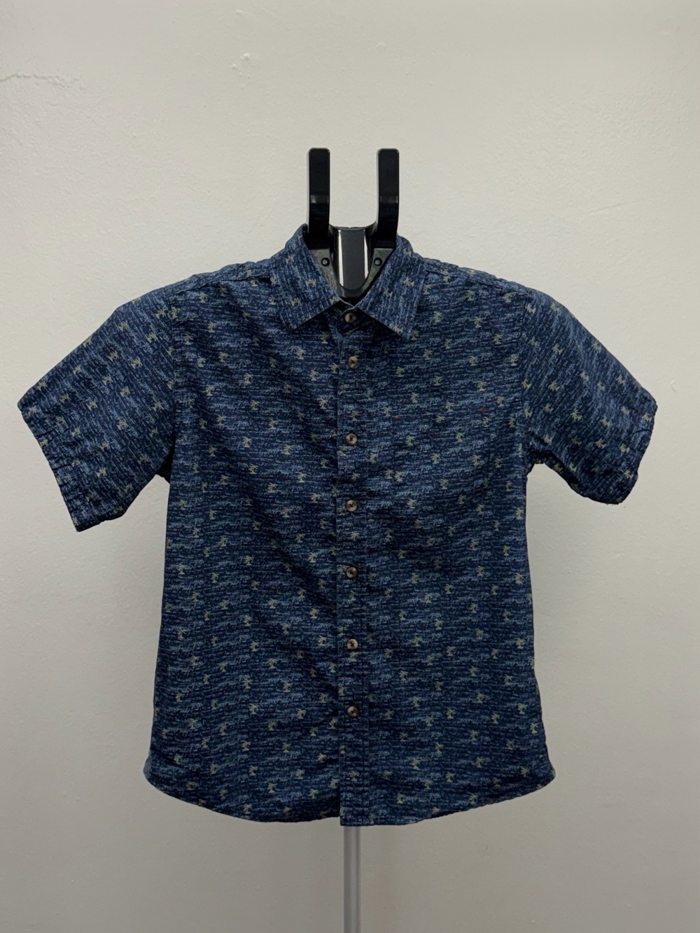 Distortion Boys Button Up Shirt Medium 10-12 Blue Palm Tree Print Short Sleeve